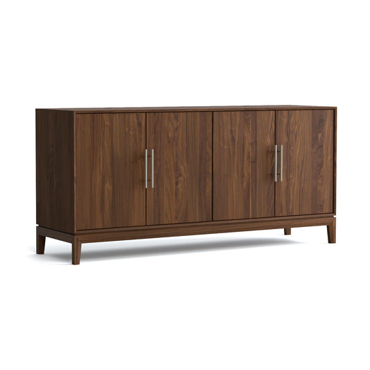 Copeland Furniture Mansfield Media Console in solid hardwood, features four doors, sleek metal handles, and sturdy short legs—modern American craftsmanship.
