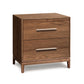 A Copeland Furniture Mansfield 2-Drawer Nightstand with metal handles, isolated on a white background.