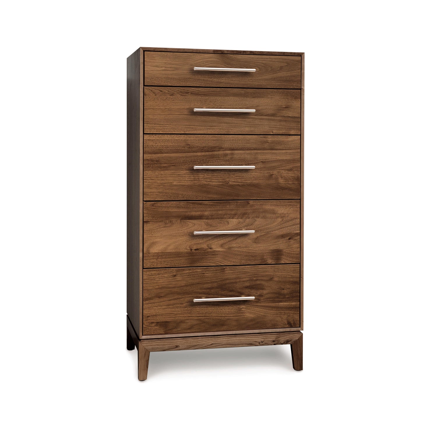 A solid natural wood Mansfield 5-Drawer Narrow Chest in the Arts and Crafts style with metal handles against a white background by Copeland Furniture.
