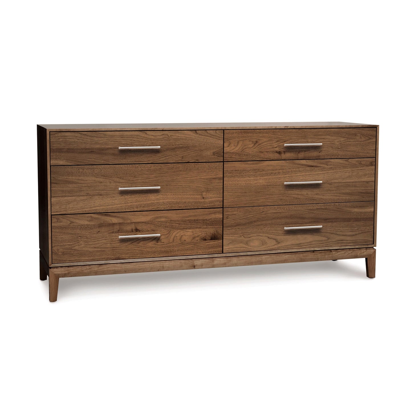 A modern dresser with drawers and metal handles.