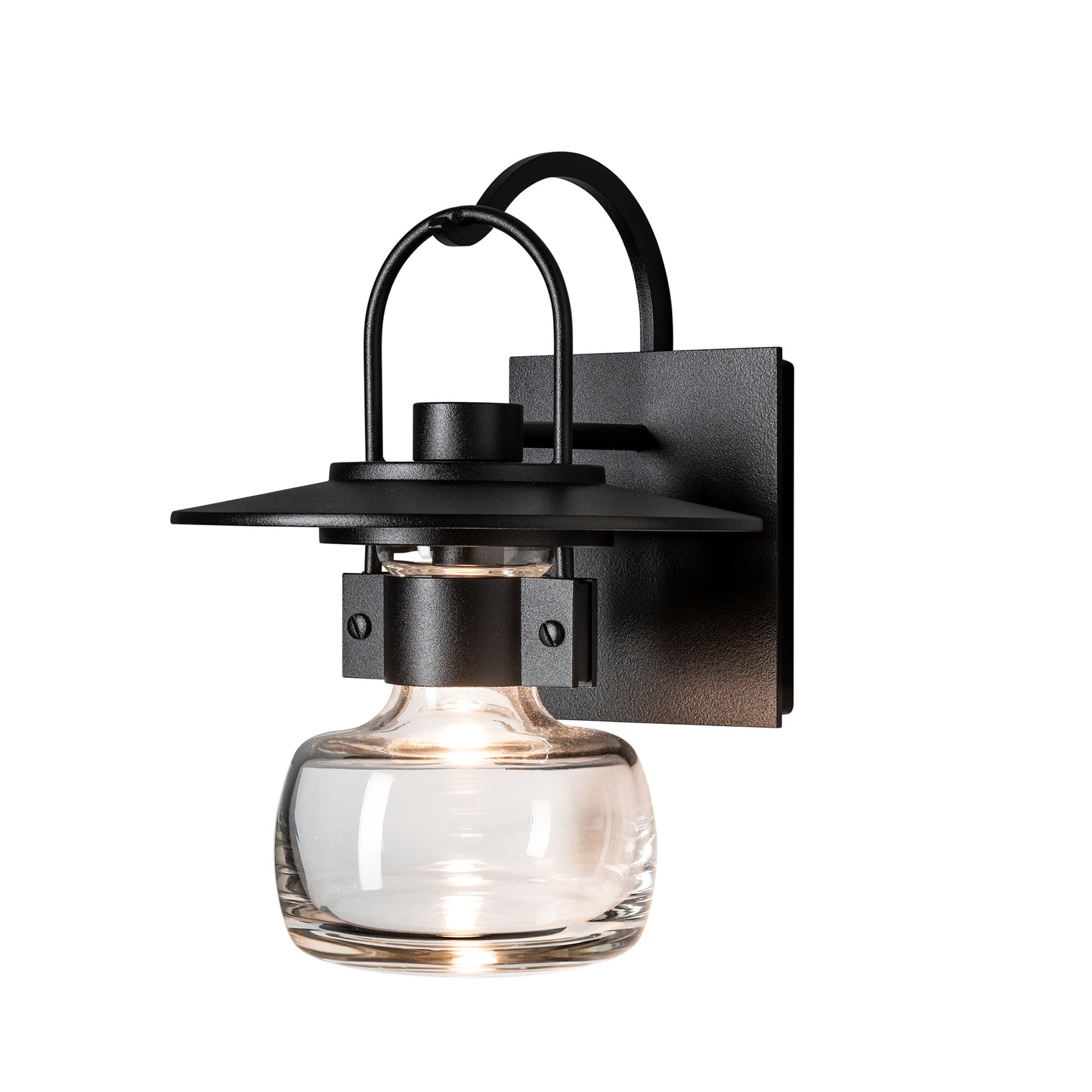 Mason Outdoor Sconce by Hubbardton Forge with black metal frame, flat top design, and hand-blown glass bulb cover handcrafted in Vermont.