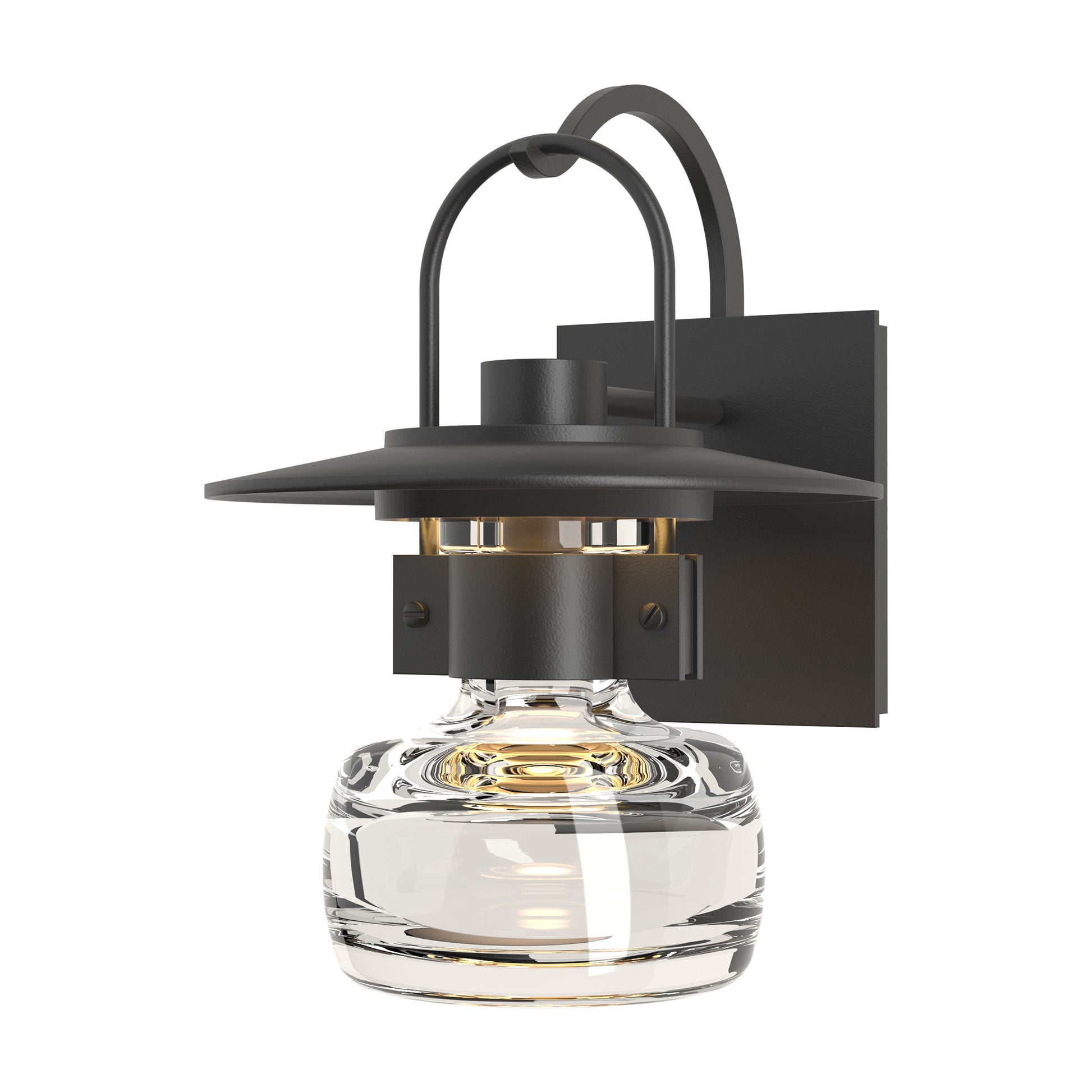 Mason Outdoor Sconce by Hubbardton Forge with black metal frame, curved arm, hand-blown glass shade, and square backplate, American made.