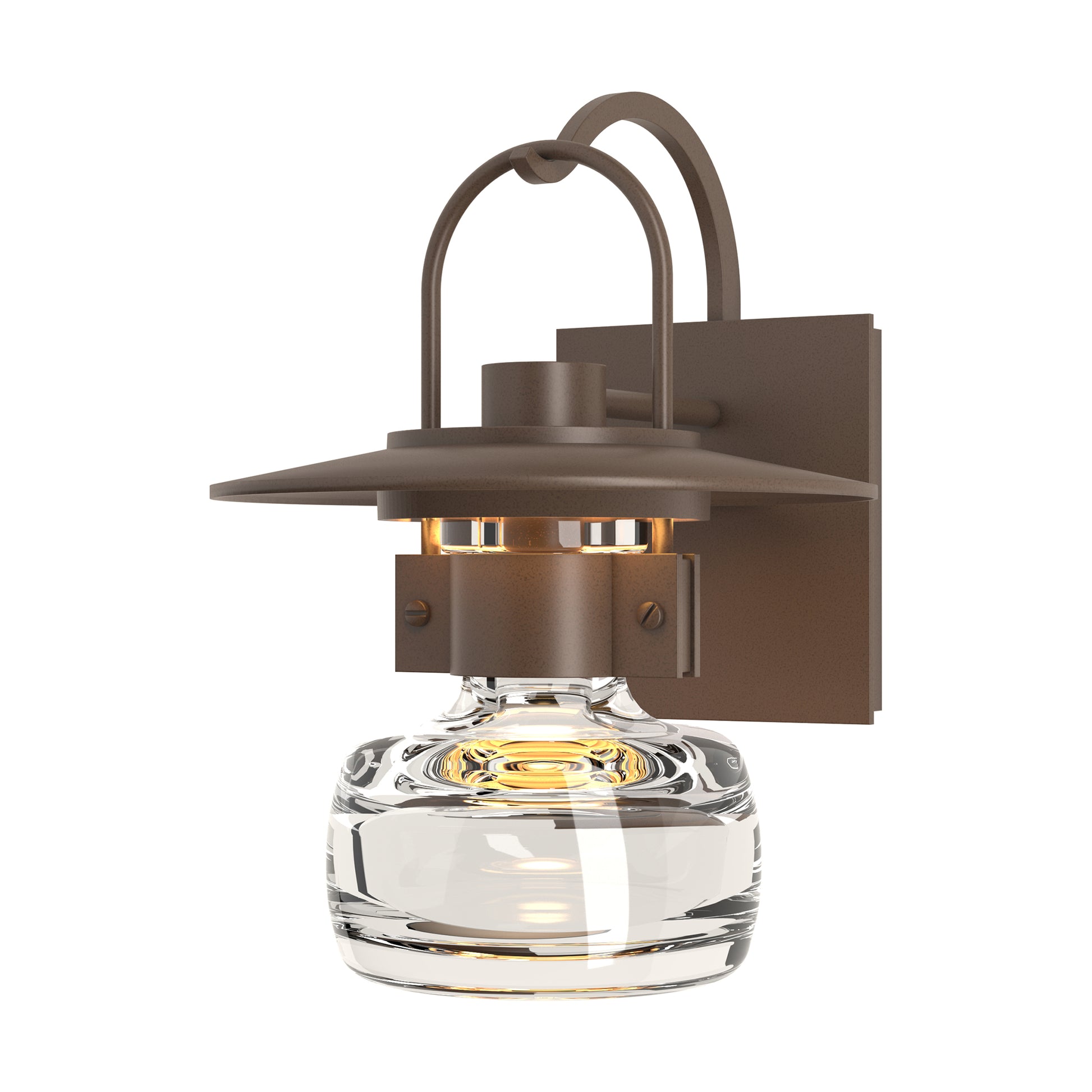 Hubbardton Forge Mason Outdoor Sconce in brown metal with square backplate and hand-blown glass shade, crafted in Vermont for quality American homes.