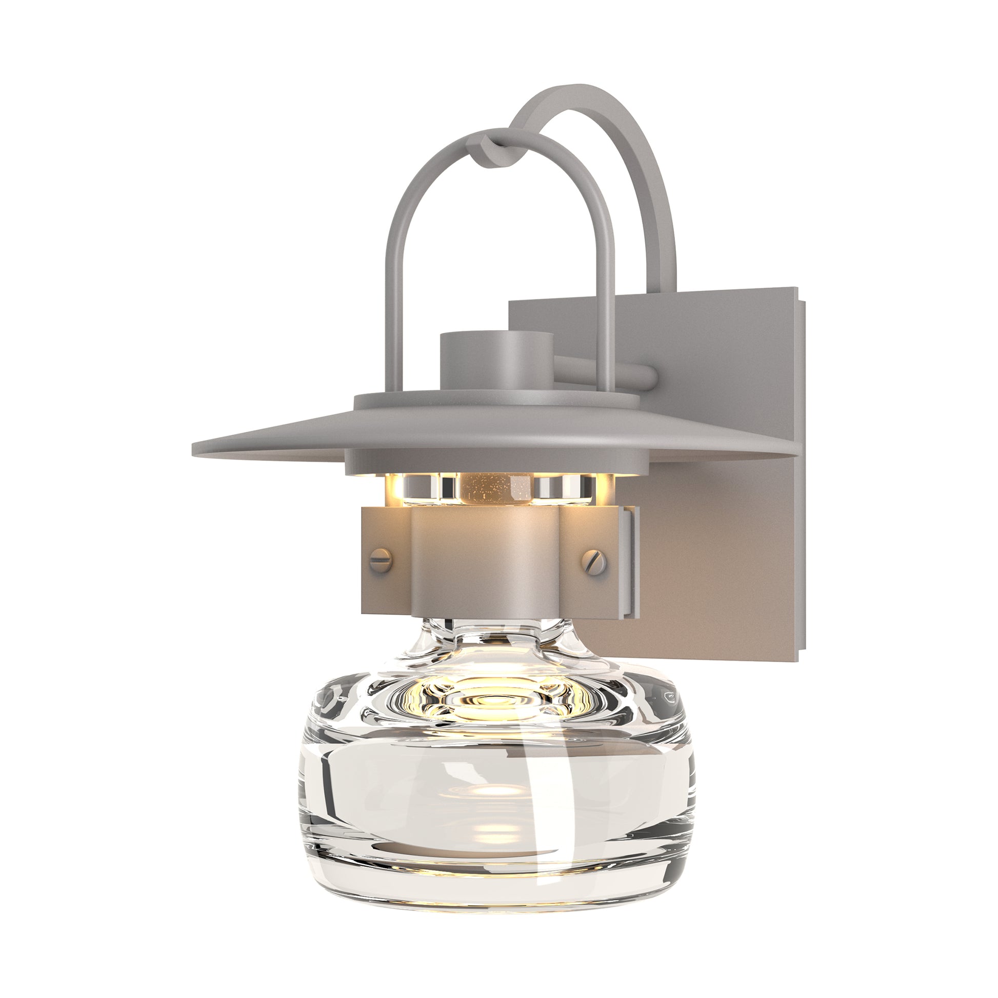 Close-up of the Mason Outdoor Sconce by Hubbardton Forge, highlighting its matte metal frame, clear hand-blown glass, and exposed bulb.