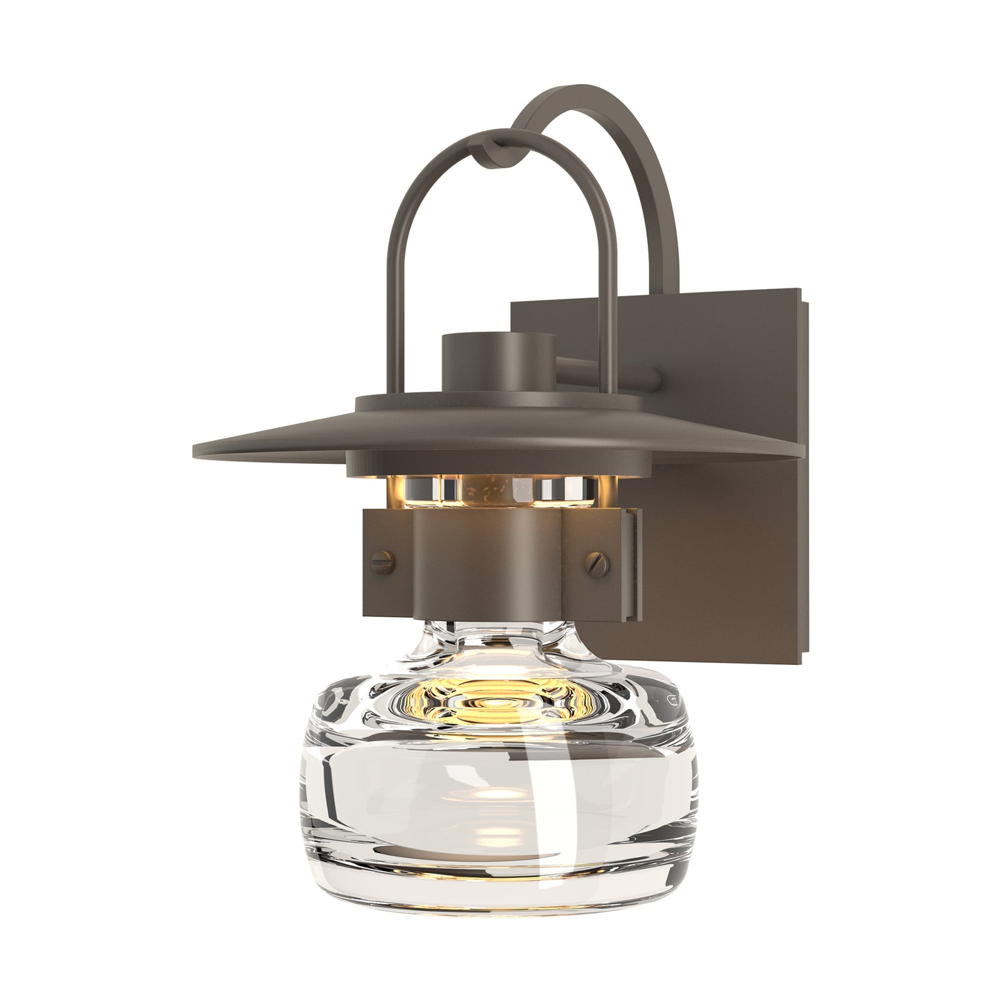 Mason Outdoor Sconce by Hubbardton Forge with dark metal frame and clear hand-blown glass, showcasing the artisan-crafted American lighting design.