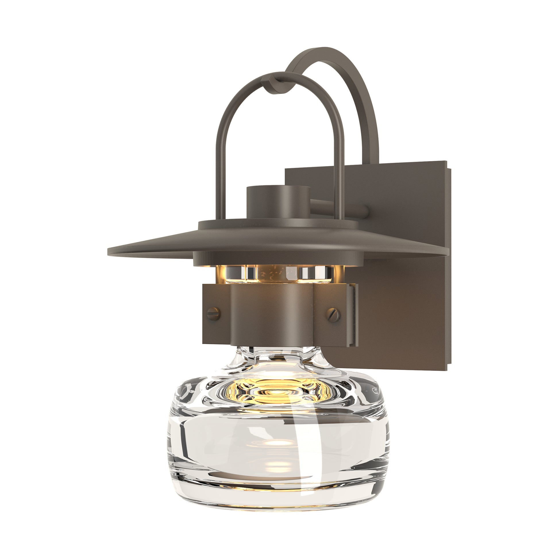 Mason Outdoor Sconce by Hubbardton Forge with dark metal frame and clear hand-blown glass, showcasing the artisan-crafted American lighting design.