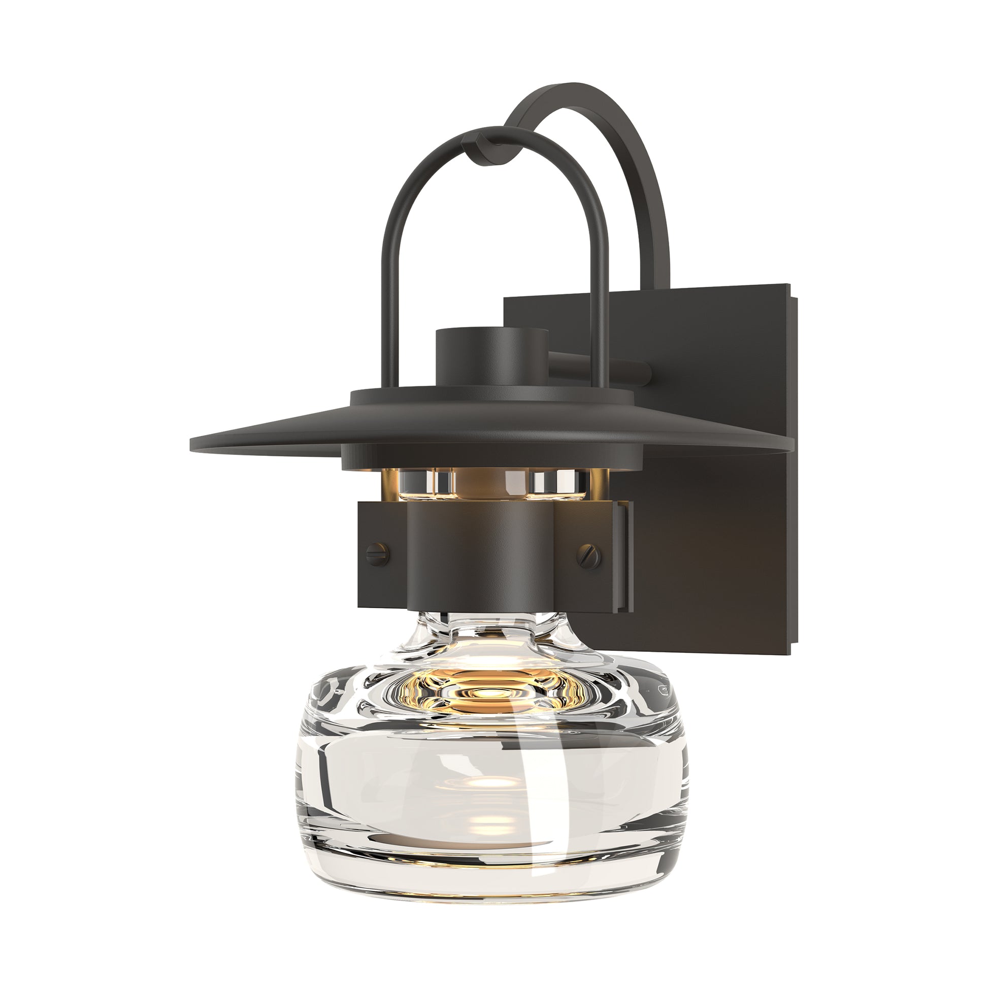 Mason Outdoor Sconce by Hubbardton Forge with sleek black metal frame, flat top, and hand-blown clear glass shade, handcrafted in Vermont.
