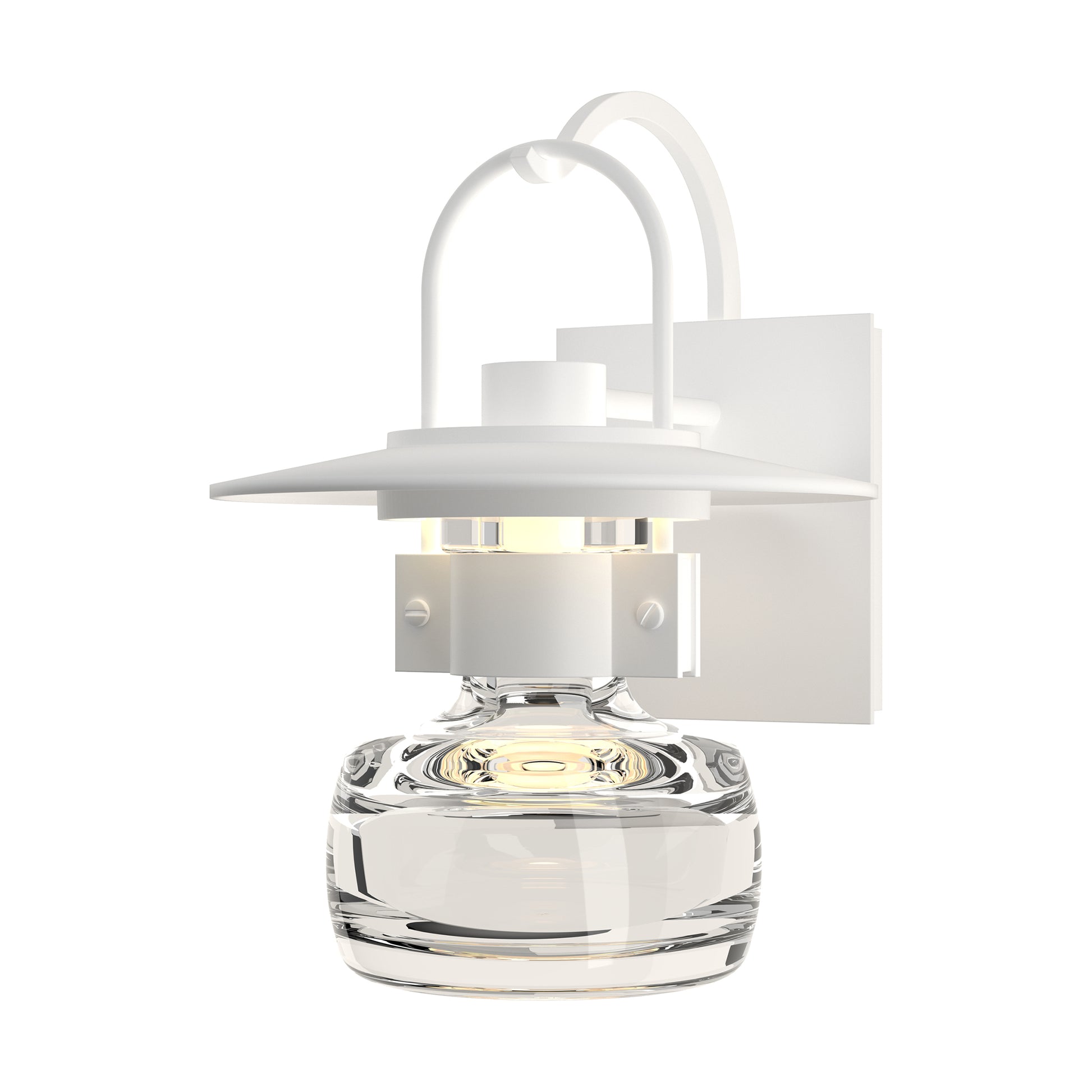 Hubbardton Forge Mason Outdoor Sconce with clear hand-blown glass and circular metal frame, handcrafted American lighting for outdoor spaces.