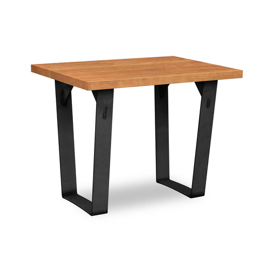 A Metropolitan End Table by Lyndon Furniture, with a wooden top and black legs, featuring a hardwood plank table top.