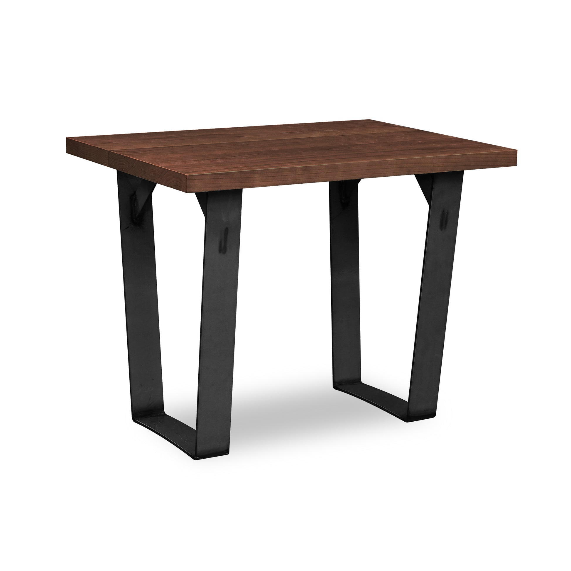 A custom-made Metropolitan End Table by Lyndon Furniture with a wooden top and black legs.