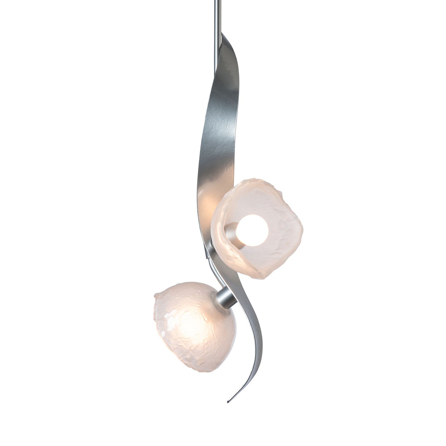 Hubbardton Forge Mika 2-Light Pendant with abstract glass shades and curved metal arm, perfect for modern interiors.