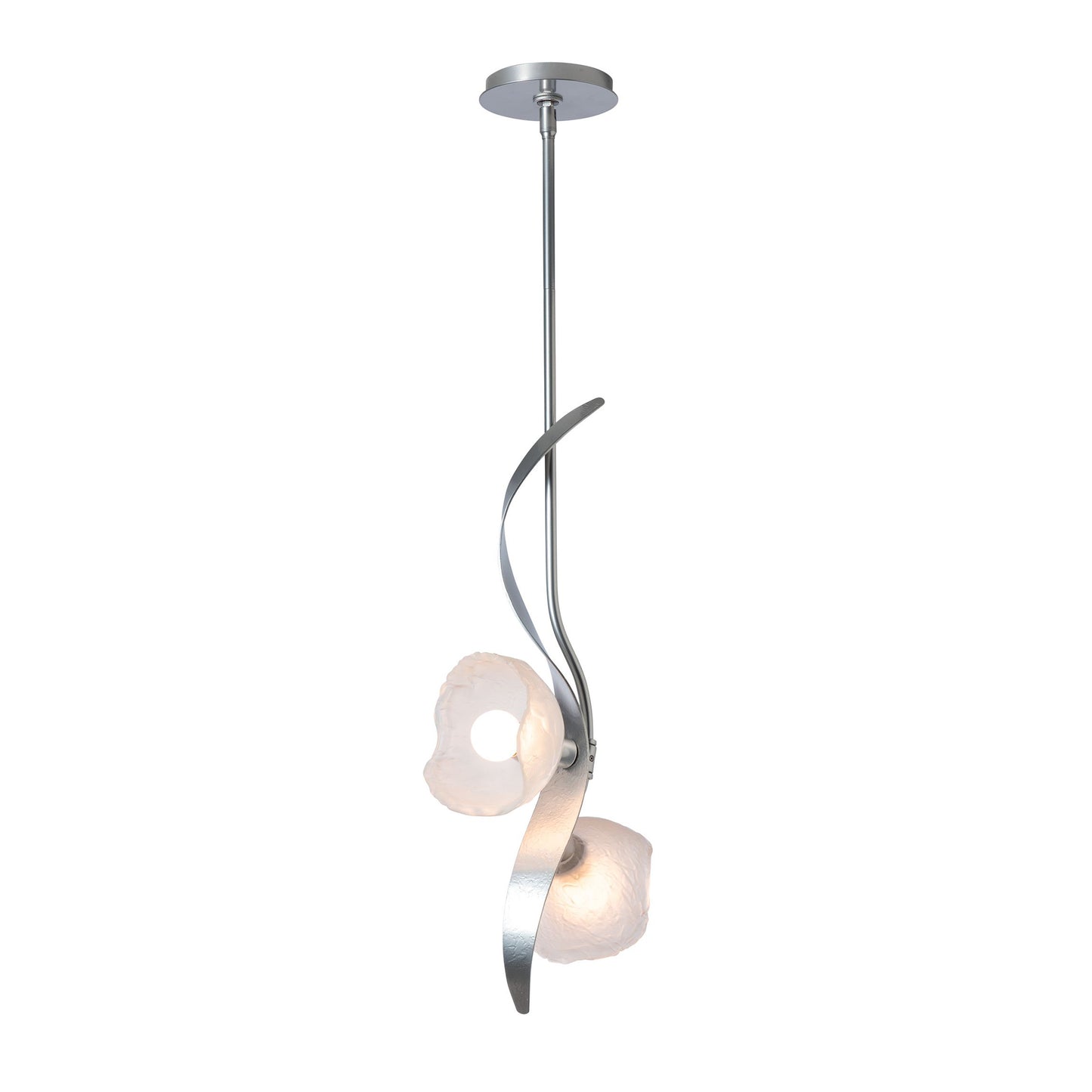 Hubbardton Forge Mika 2-Light Pendant featuring elegant two glass shades and a twisting silver frame.