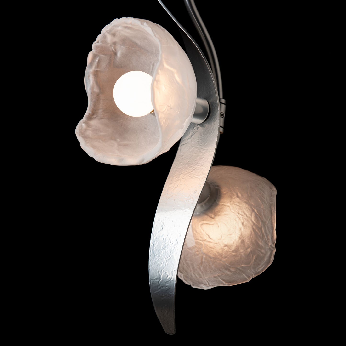 Hubbardton Forge Mika 2-Light Pendant featuring frosted glass shades and a sleek metallic arm.