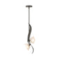 Mika 2-Light Pendant by Hubbardton Forge with curved dark metal arms and frosted glass shades, showcasing elegant modern lighting craftsmanship.