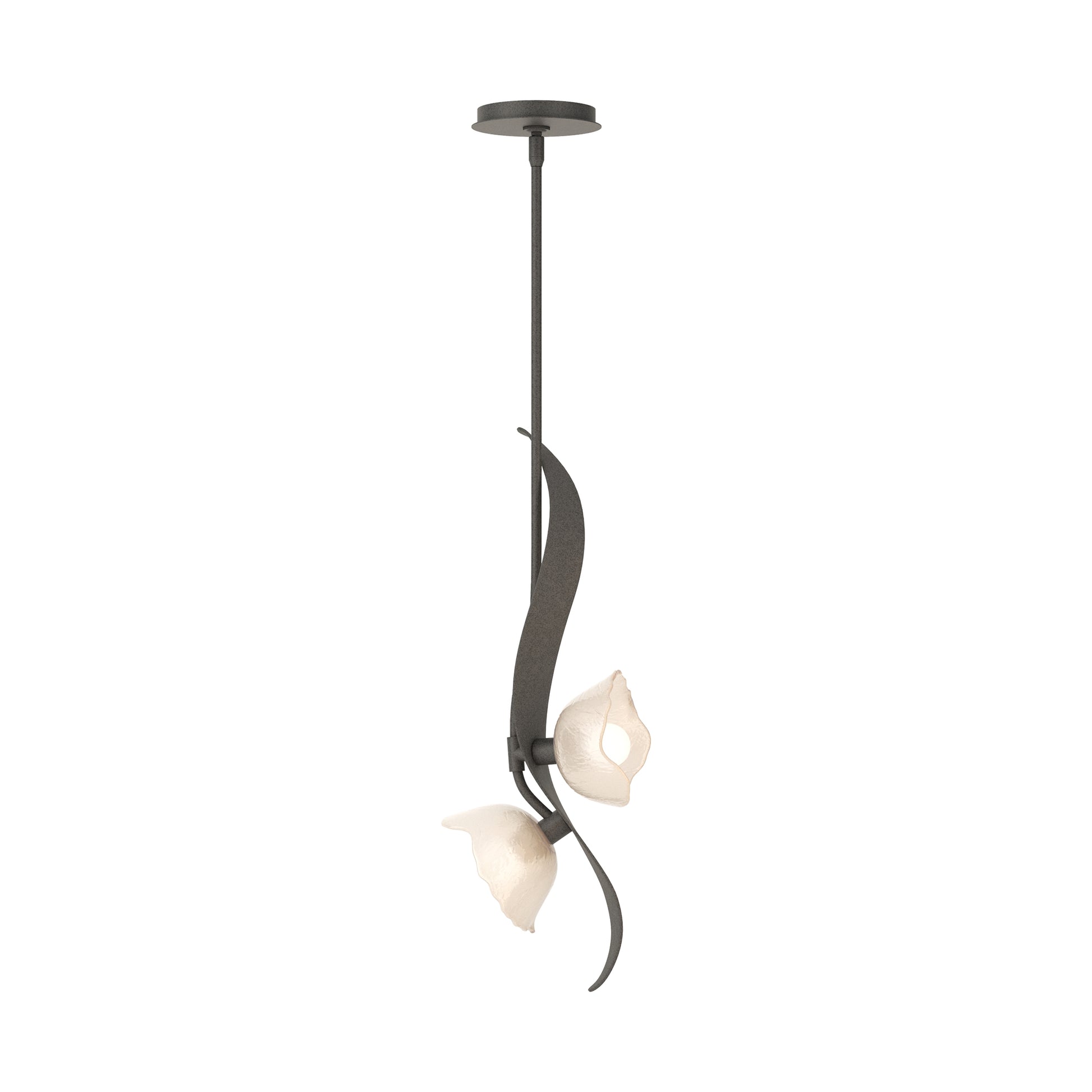 Mika 2-Light Pendant by Hubbardton Forge with curved dark metal arms and frosted glass shades, showcasing elegant modern lighting craftsmanship.