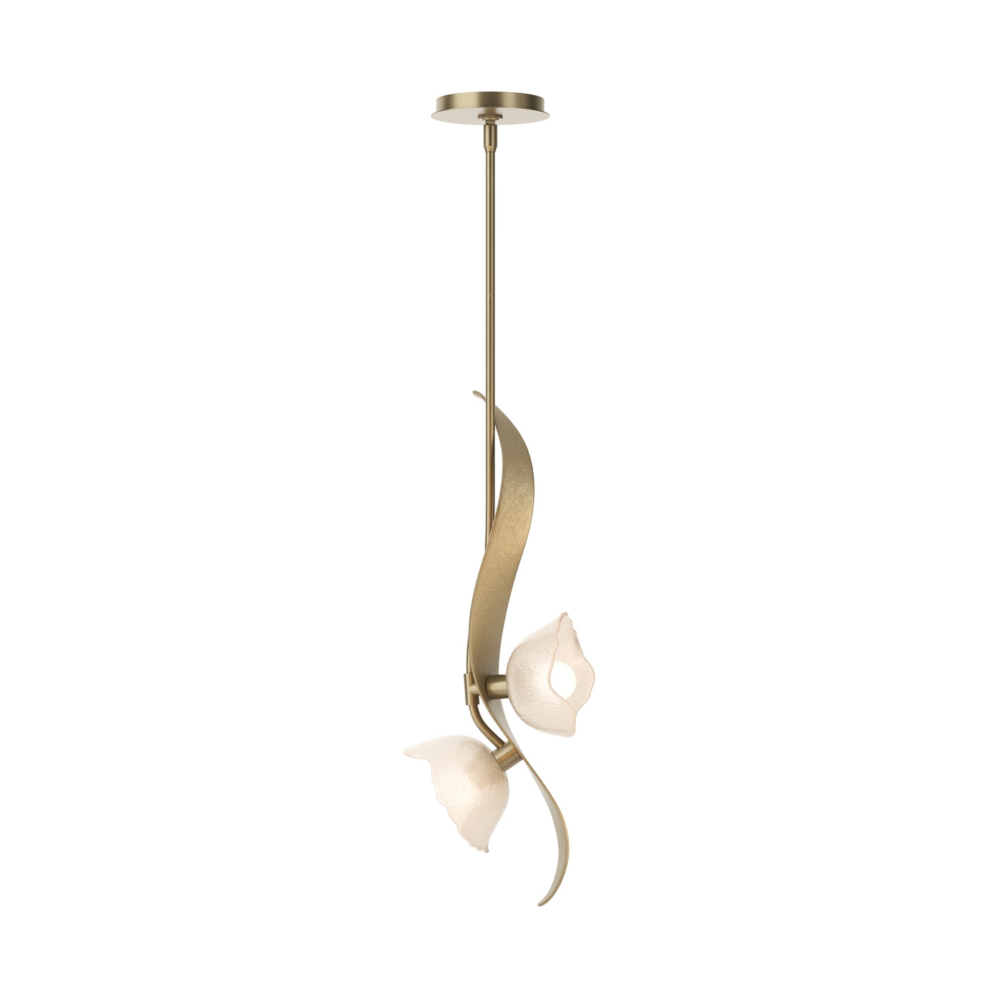 Hubbardton Forge Mika 2-Light Pendant with dual frosted glass floral shades on a brass stem, showcasing modern American craftsmanship.