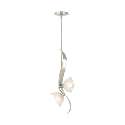 Mika 2-Light Pendant by Hubbardton Forge featuring a curved metal frame and two frosted glass, petal-shaped shades, showcasing elegant modern lighting design.