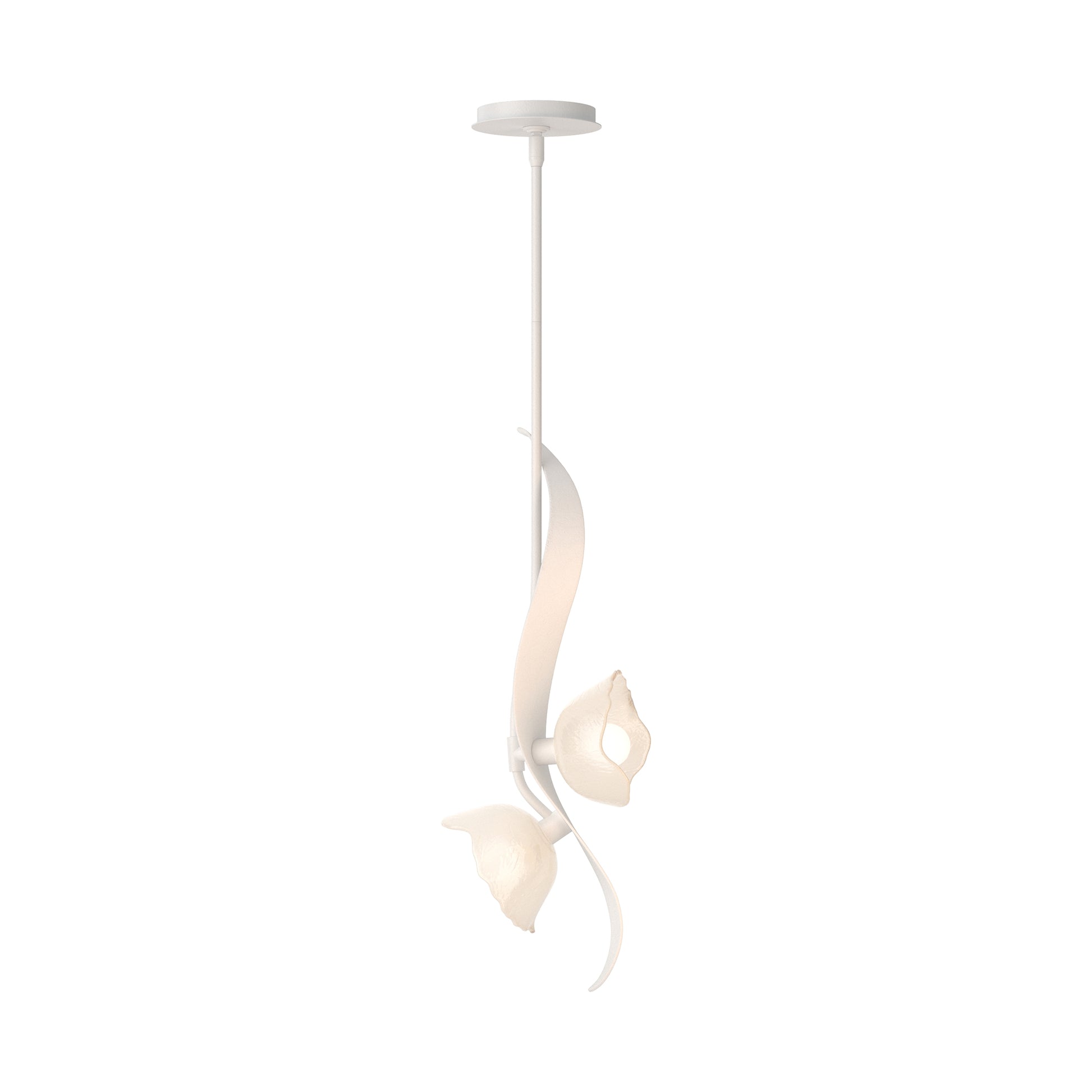 Hubbardton Forge Mika 2-Light Pendant with elegant curved arms and frosted glass shades, showcasing contemporary American-made craftsmanship.