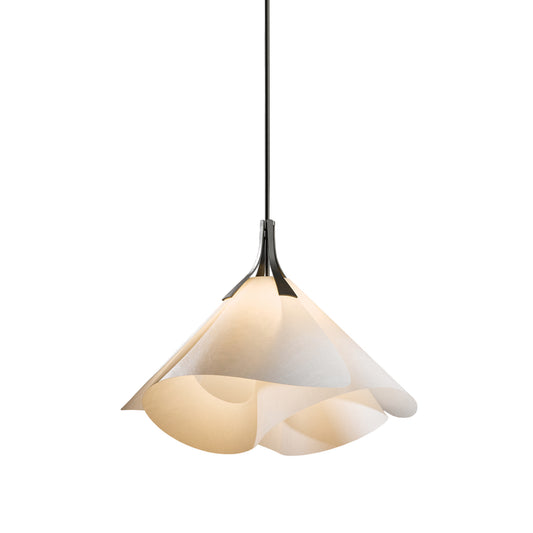 A Hubbardton Forge Mobius Large Pendant with a white paper shade.
