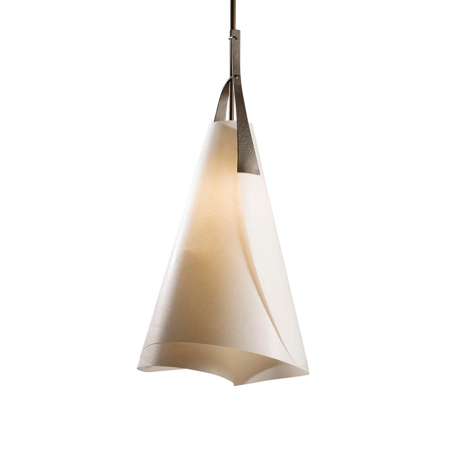 A handcrafted Mobius Tall Pendant with a white shade hanging from it by Hubbardton Forge lighting.