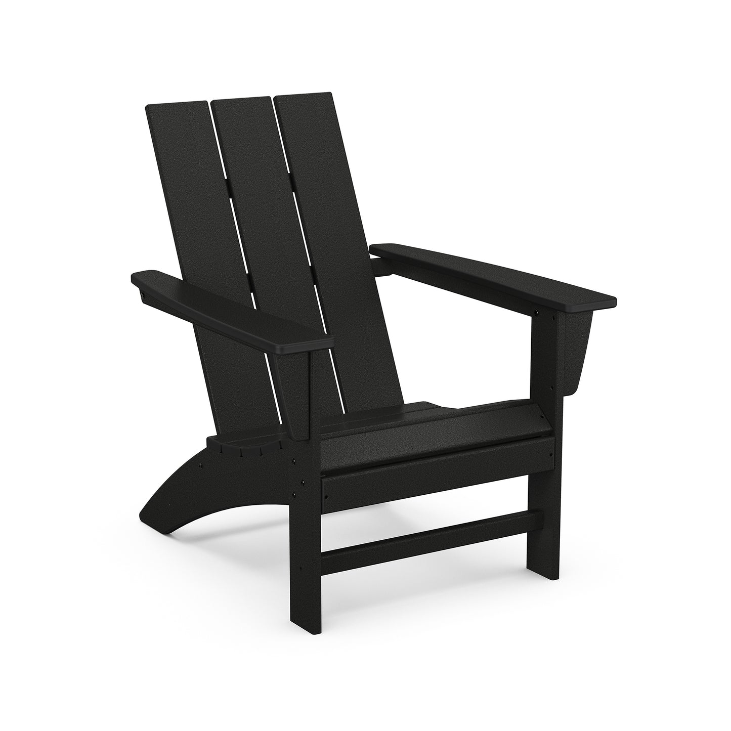 Black POLYWOOD Modern Adirondack chair made of POLYWOOD® lumber, featuring a slatted design with wide armrests, shown on a white background.