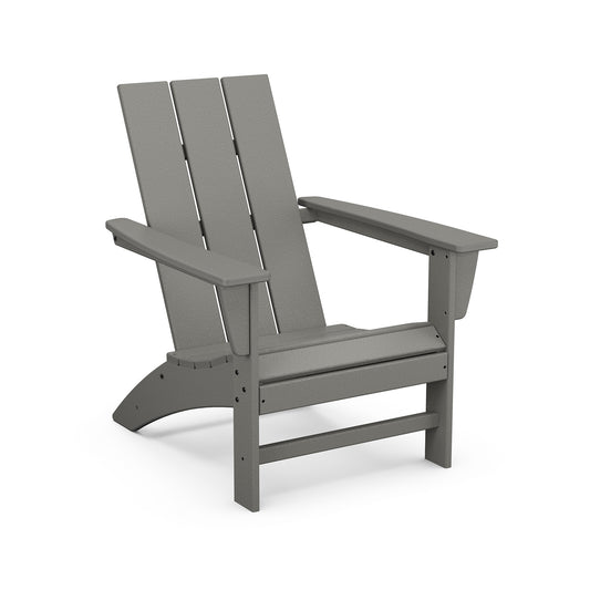 Gray POLYWOOD Modern Adirondack Chair with slatted back and seat and wide armrests.