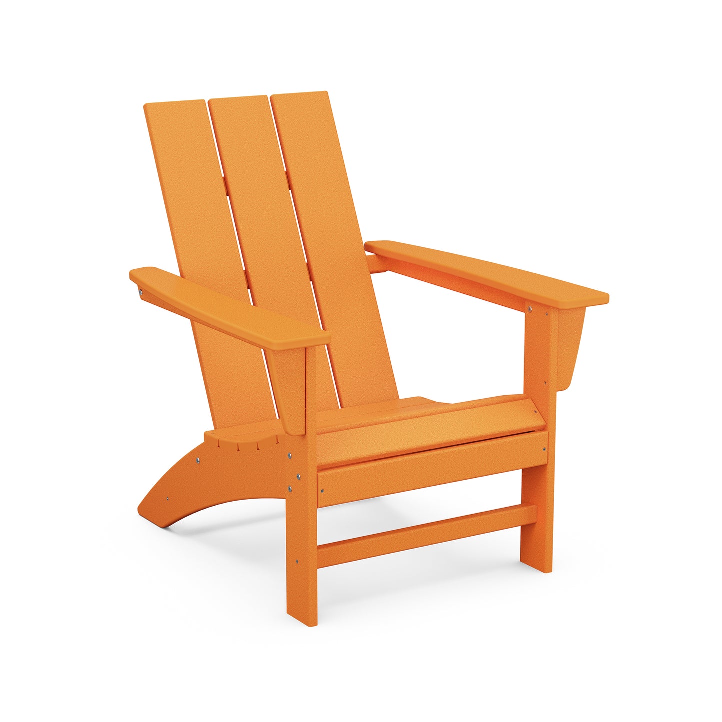 An orange POLYWOOD Modern Adirondack chair, featuring a slanted back and wide armrests, isolated on a white background.