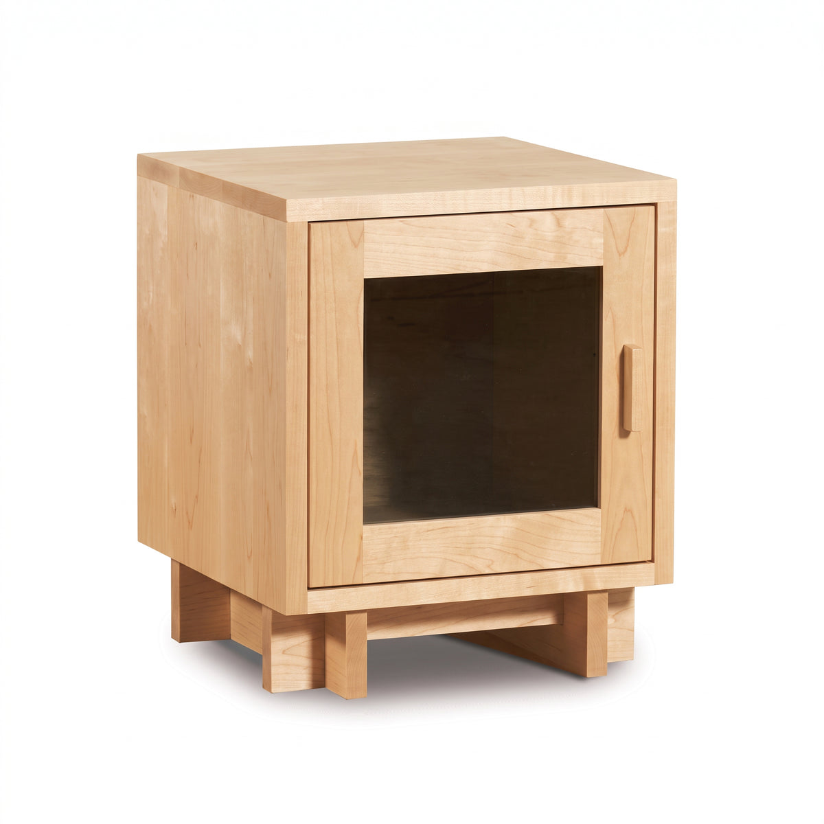Modern American 1-Door Nightstand by Vermont Furniture Designs in light wood with glass door, sleek handle, and block legs, handcrafted in the USA.