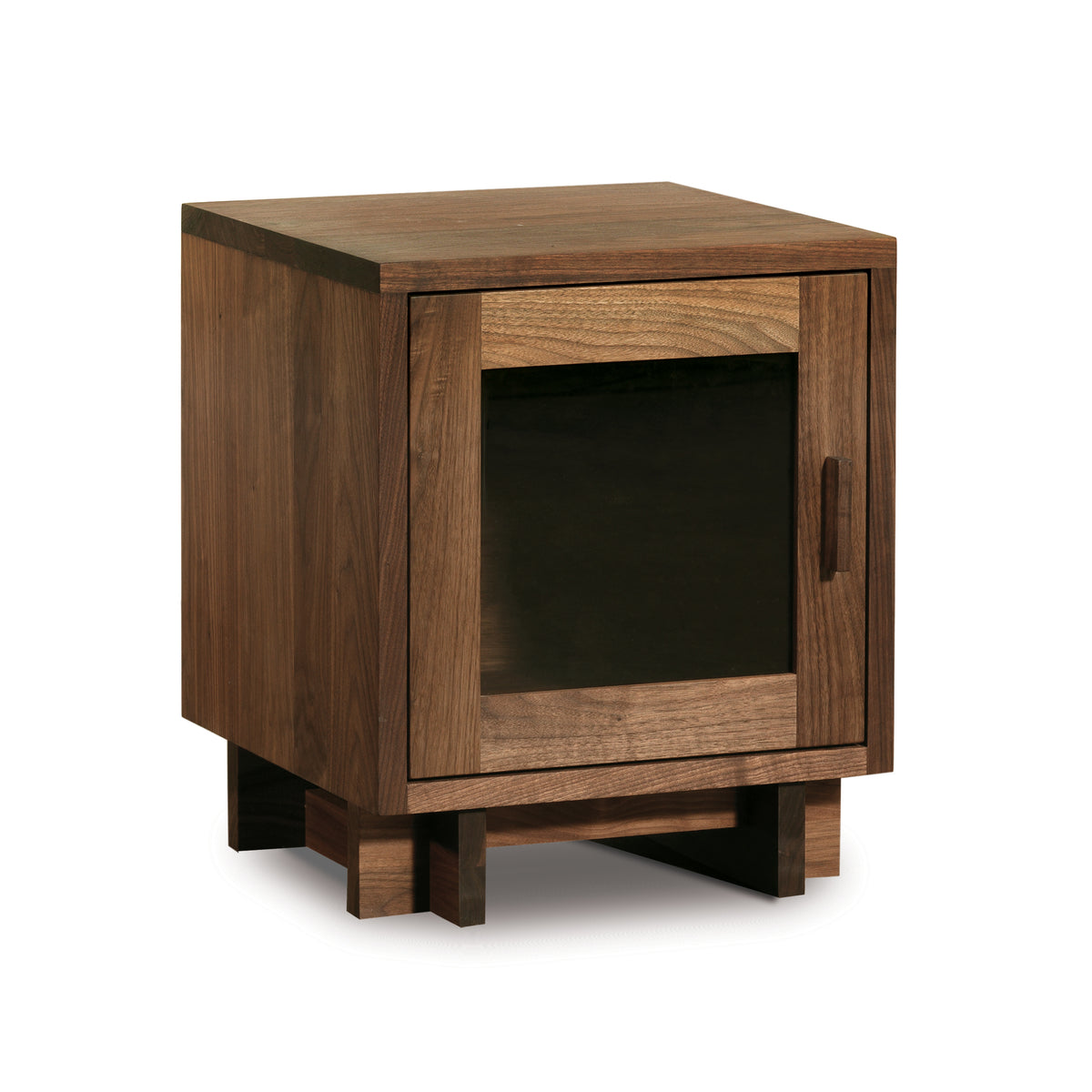 Modern American 1-Door Nightstand by Vermont Furniture Designs in solid wood, with a square top and black glass door for stylish, functional storage.