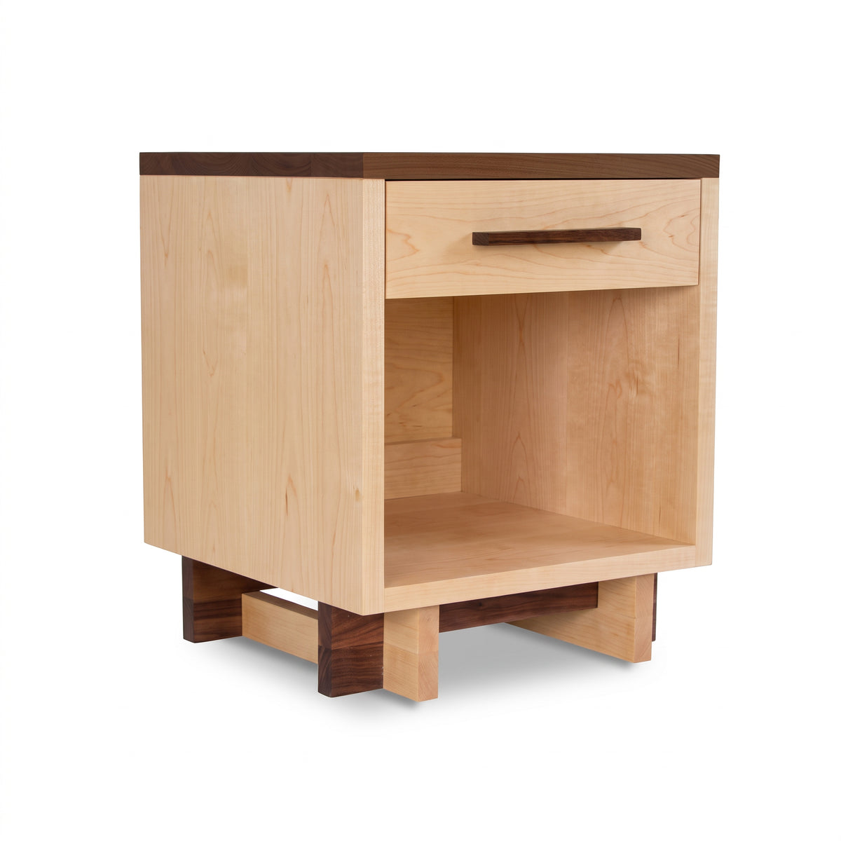 Modern American 1-Drawer Nightstand by Vermont Furniture Designs featuring an enclosed shelf and bold dark legs, crafted in the USA.