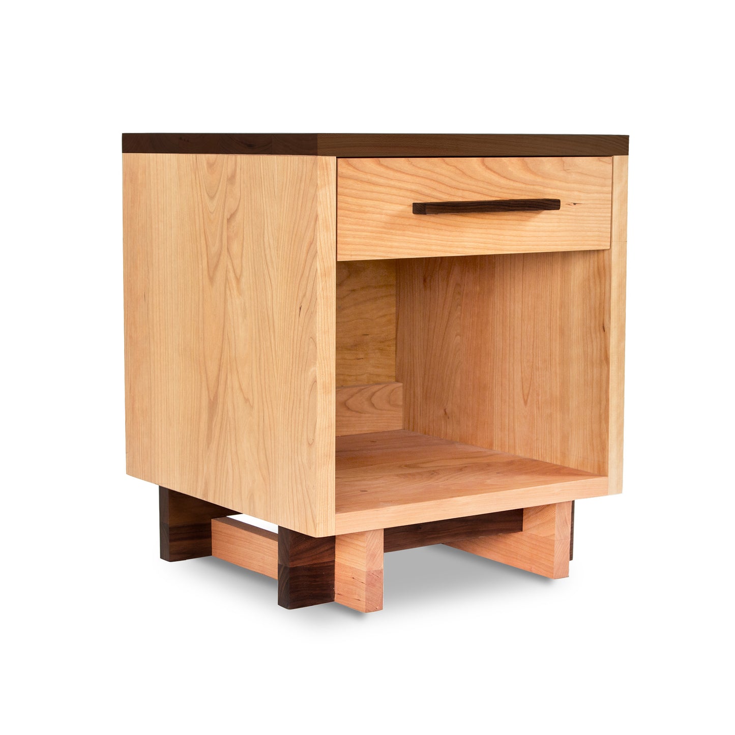 A Modern American 1-Drawer Enclosed Shelf Nightstand, handmade by Vermont Furniture Designs, with a drawer on top.