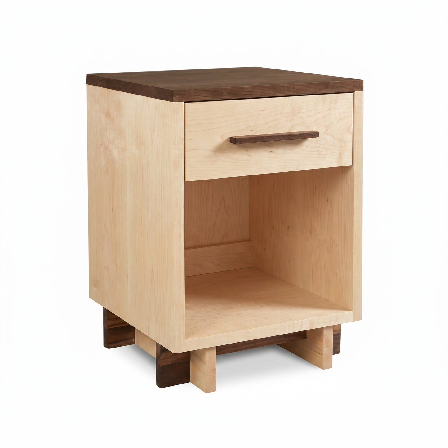Modern American 1-Drawer Enclosed Shelf Nightstand by Vermont Furniture Designs, crafted from solid wood with dark accent details, American made quality.