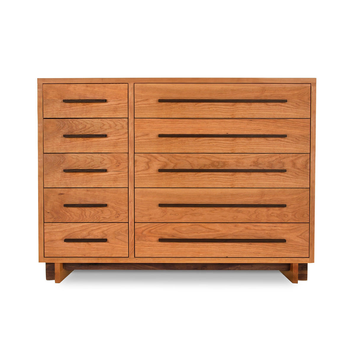 Modern American 10-drawer dresser in solid wood with dark handles, handcrafted by Vermont Furniture Designs for a sleek, elegant bedroom look.