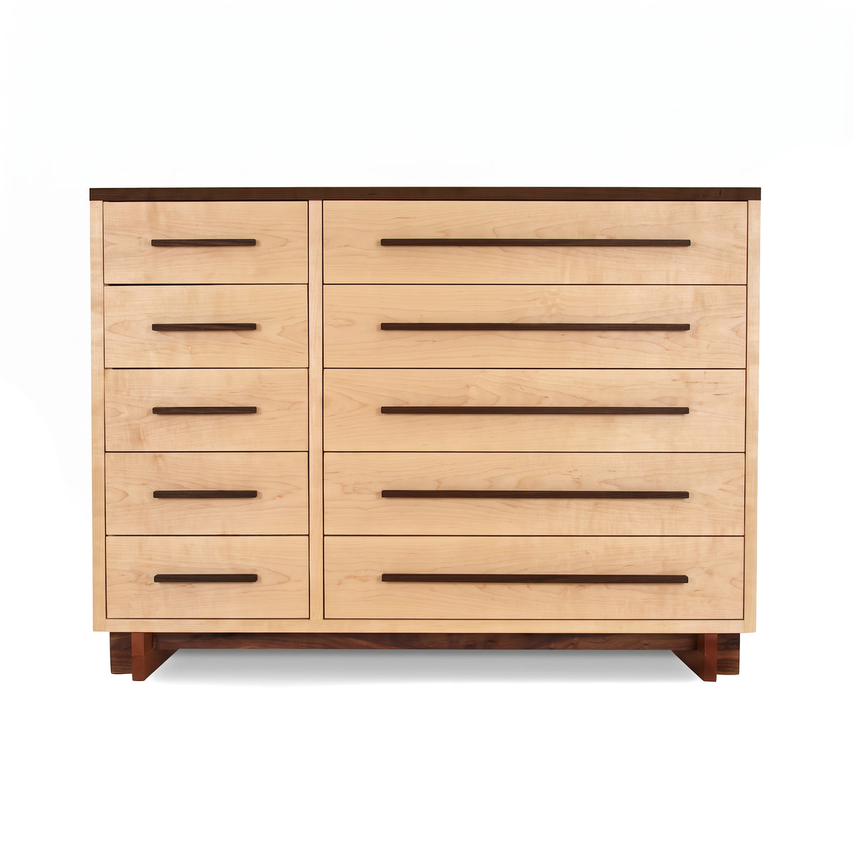 Modern American 10-drawer dresser by Vermont Furniture Designs, crafted from solid wood with a light finish and contrasting dark handles.