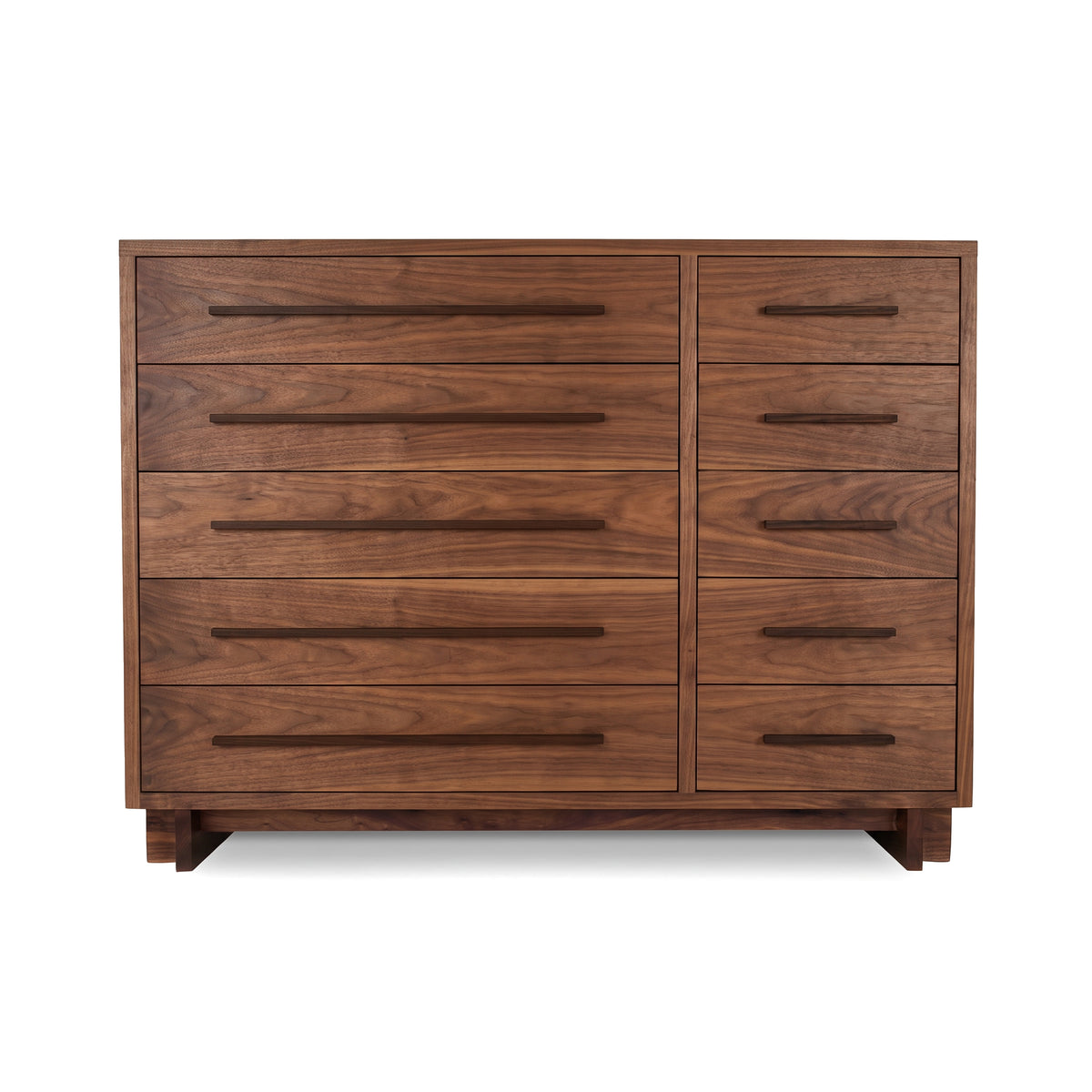 Modern American 10-Drawer Dresser by Vermont Furniture Designs featuring a natural finish, sleek metal handles, and short modern legs.