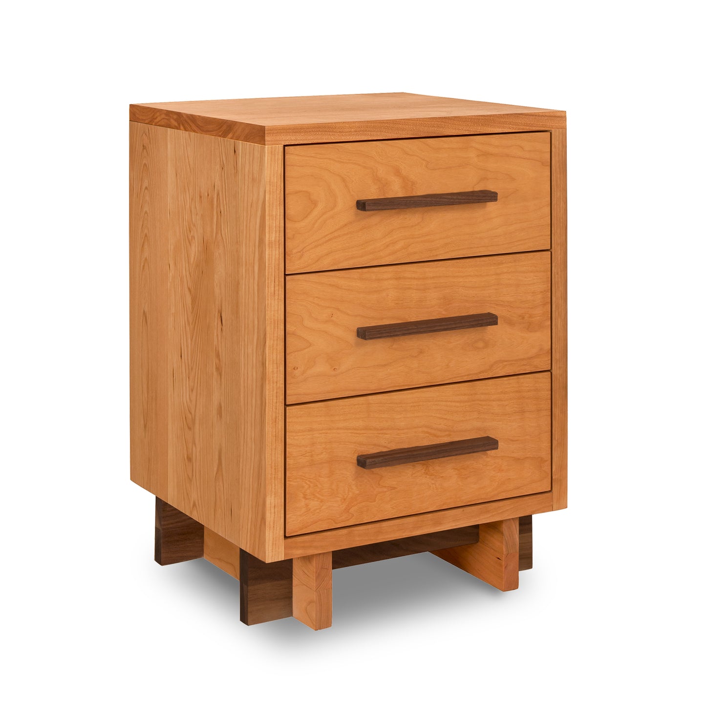 Modern American 3-drawer nightstand with light wood grain, eco-friendly oil finish, dark handles, and short legs by Vermont Furniture Designs.