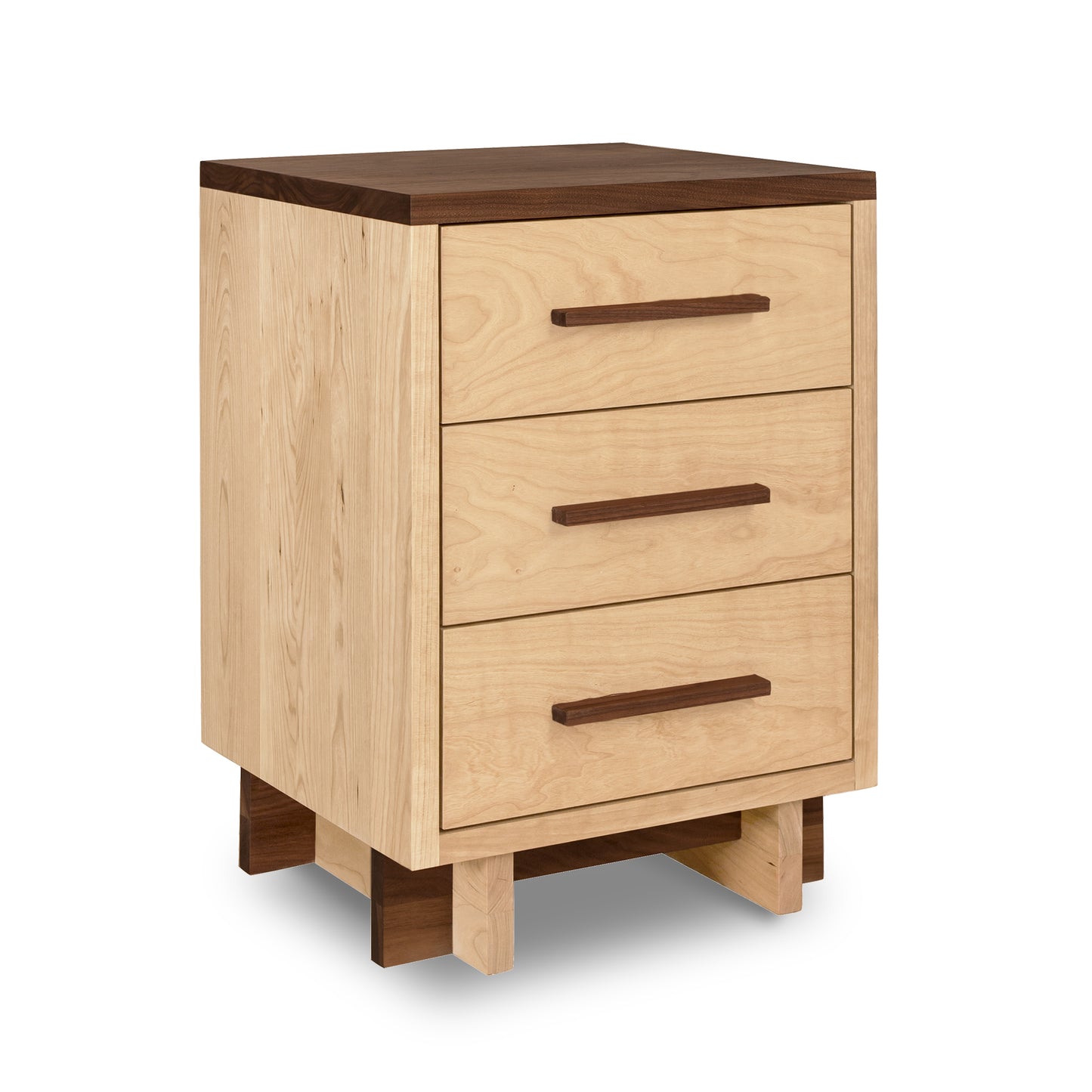 Modern American light wood 3-drawer nightstand with eco-friendly finish and dark handles by Vermont Furniture Designs.