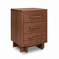 A three-drawer wooden nightstand with a dark walnut finish and matching wood drawer pulls, shown on a clean white background.