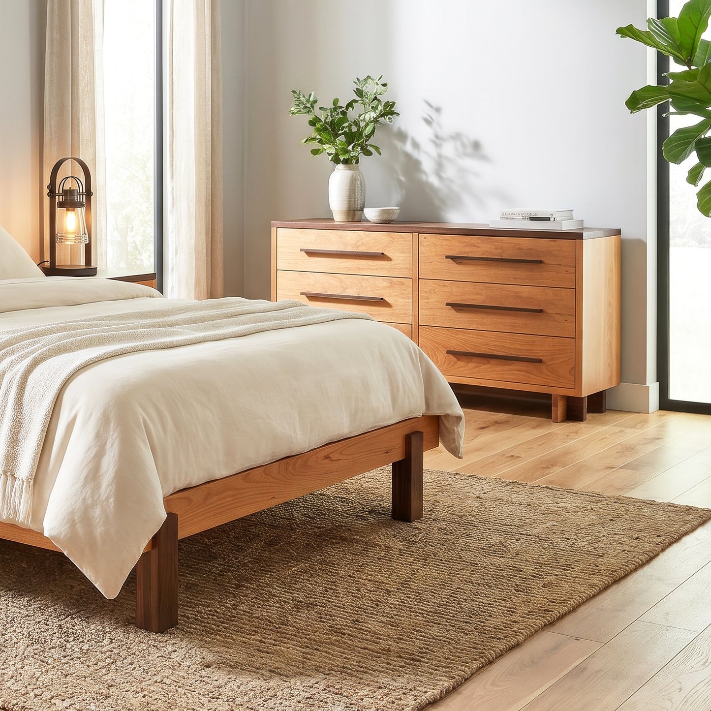 Vermont Furniture Designs Modern American 6-Drawer Dresser and wooden bed featured in a bright bedroom with white bedding.