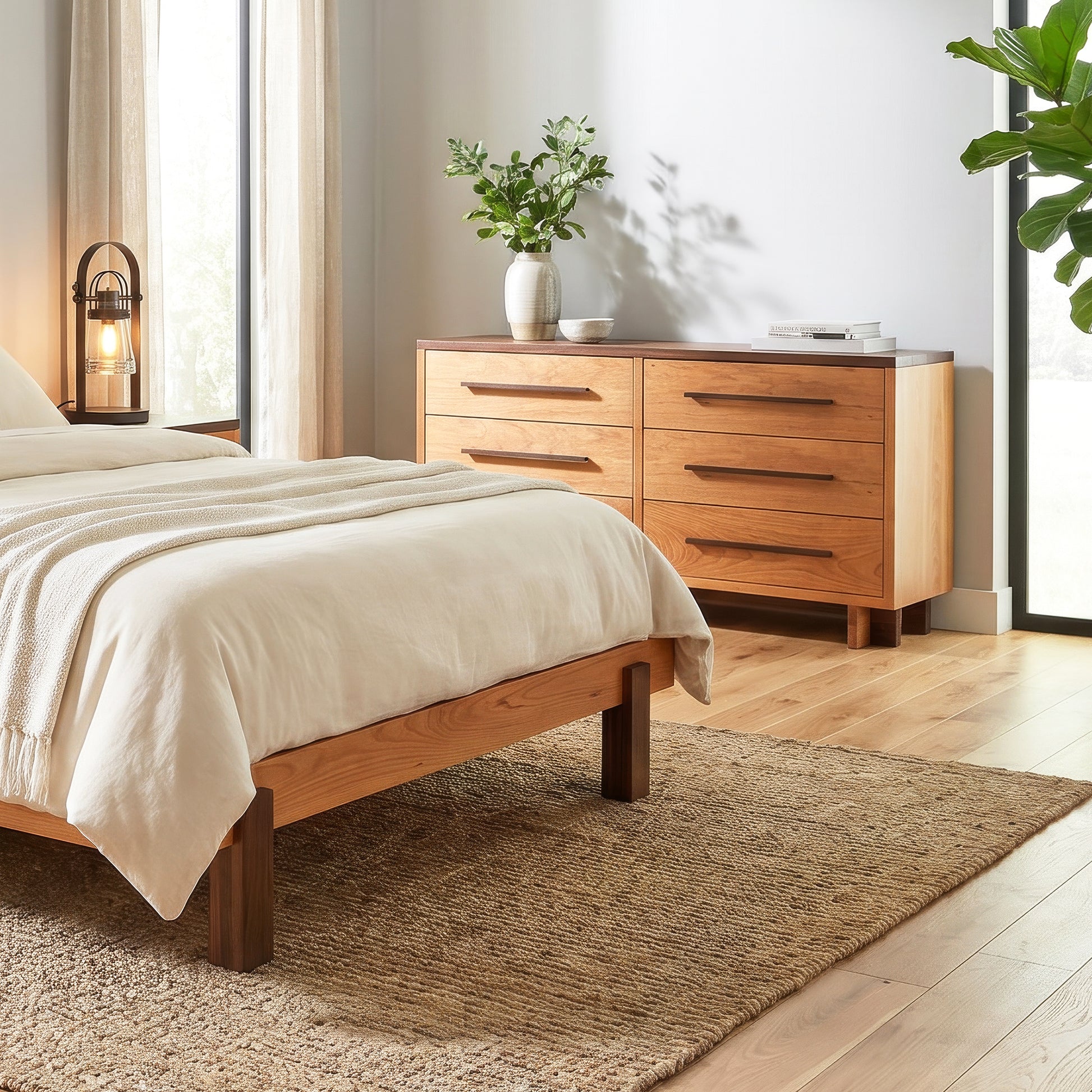 Vermont Furniture Designs Modern American 6-Drawer Dresser and wooden bed featured in a bright bedroom with white bedding.