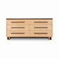 Modern American 6-drawer dresser by Vermont Furniture Designs, crafted in light wood with dark handles and a contrasting dark top, American made.