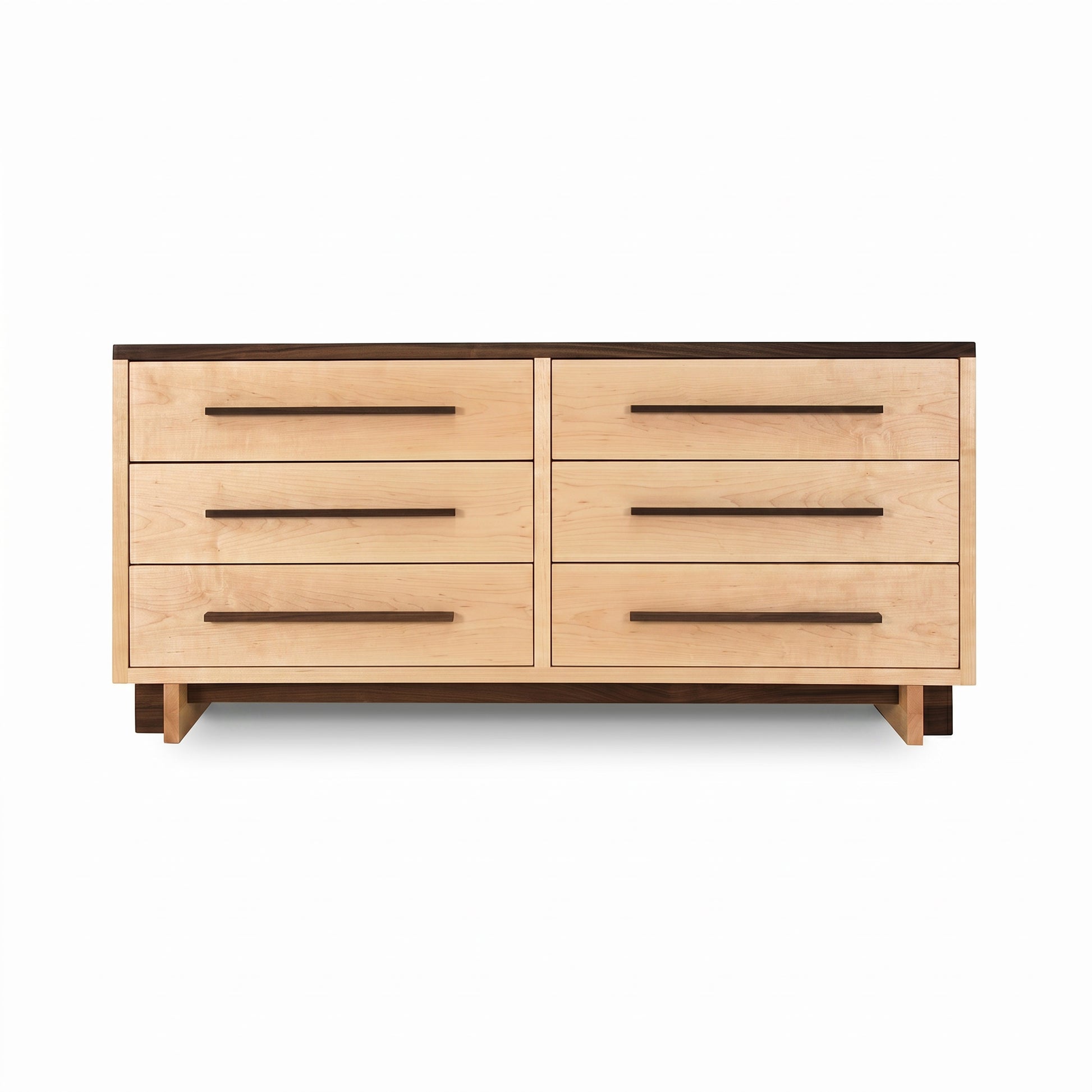 Modern American 6-drawer dresser by Vermont Furniture Designs, crafted in light wood with dark handles and a contrasting dark top, American made.
