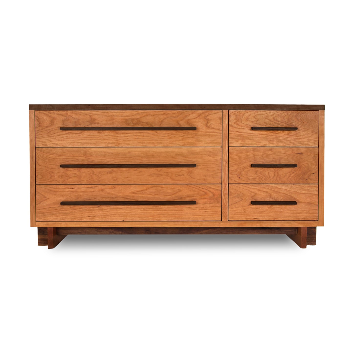 Modern American 6-Drawer Dresser by Vermont Furniture Designs with 3 large left drawers, 3 small right drawers, and sleek horizontal handles.