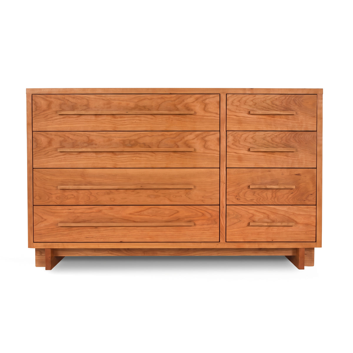Vermont Furniture Designs Modern American 8-drawer dresser in solid wood with natural finish, showcasing sleek lines and modern craftsmanship.