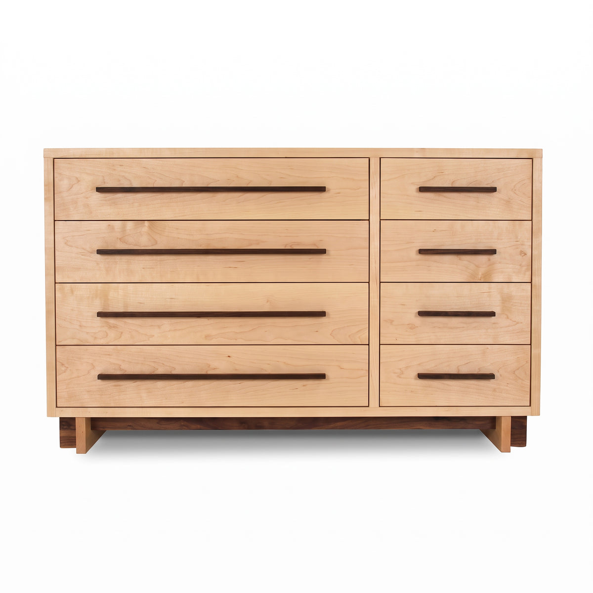 Modern American solid wood 8-drawer dresser by Vermont Furniture Designs with a classic look and sleek dark handles, crafted in Vermont.