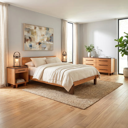 Vermont Furniture Designs Modern American Platform Bed and coordinating light wood dressers, handcrafted from premium American hardwoods.