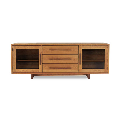 Modern American Buffet by Vermont Furniture Designs featuring Art Deco style with two glass-fronted cabinets and three central drawers.