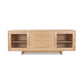 Modern American buffet in light wood by Vermont Furniture Designs, featuring three drawers and glass cabinets; handcrafted and American made.