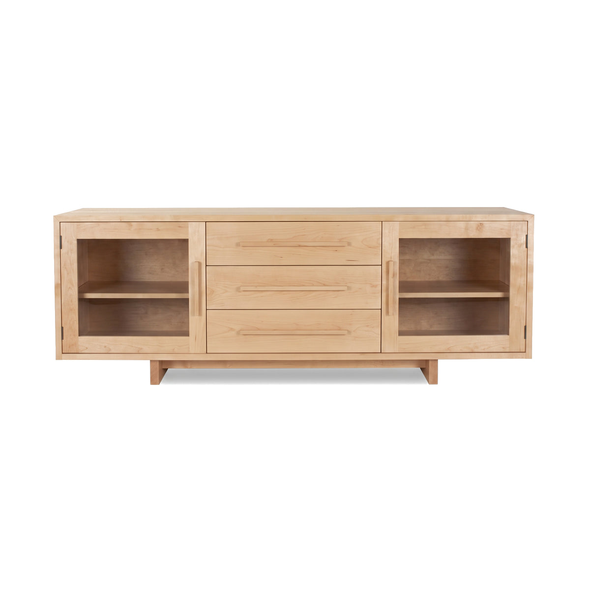 Modern American buffet in light wood by Vermont Furniture Designs, featuring three drawers and glass cabinets; handcrafted and American made.