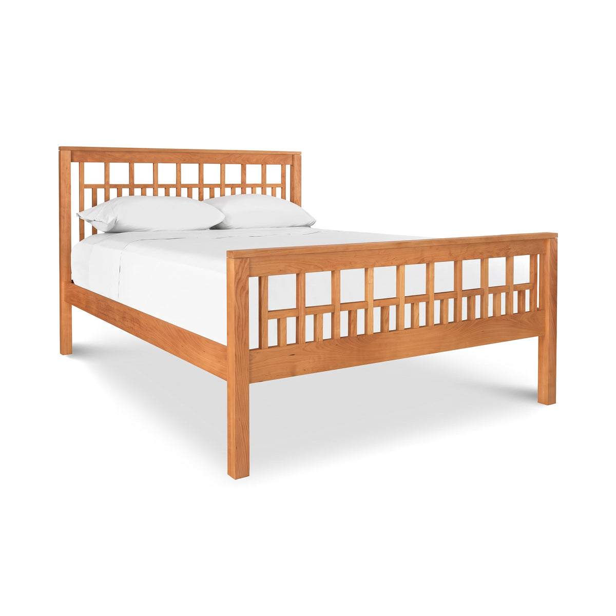 Modern American Trellis Bed by Vermont Furniture Designs, handcrafted from solid hardwood with signature square cutouts and a white bedding finish.